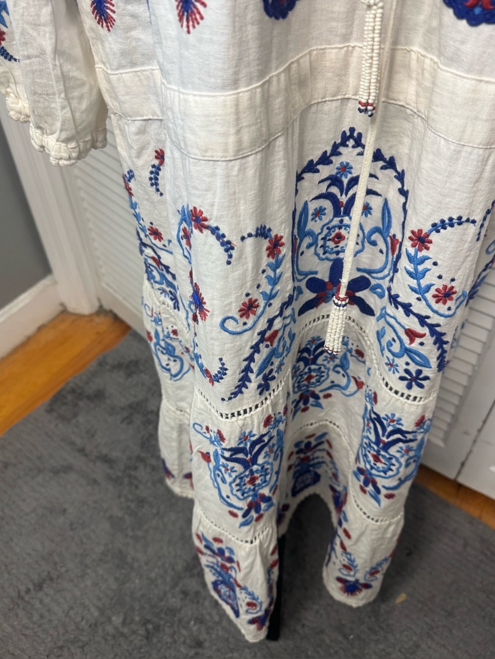 Farm Rio Linen Blend Embroidered Midi White Navy Boho Peasant Artsy Dress XL - Picture 8 of 16